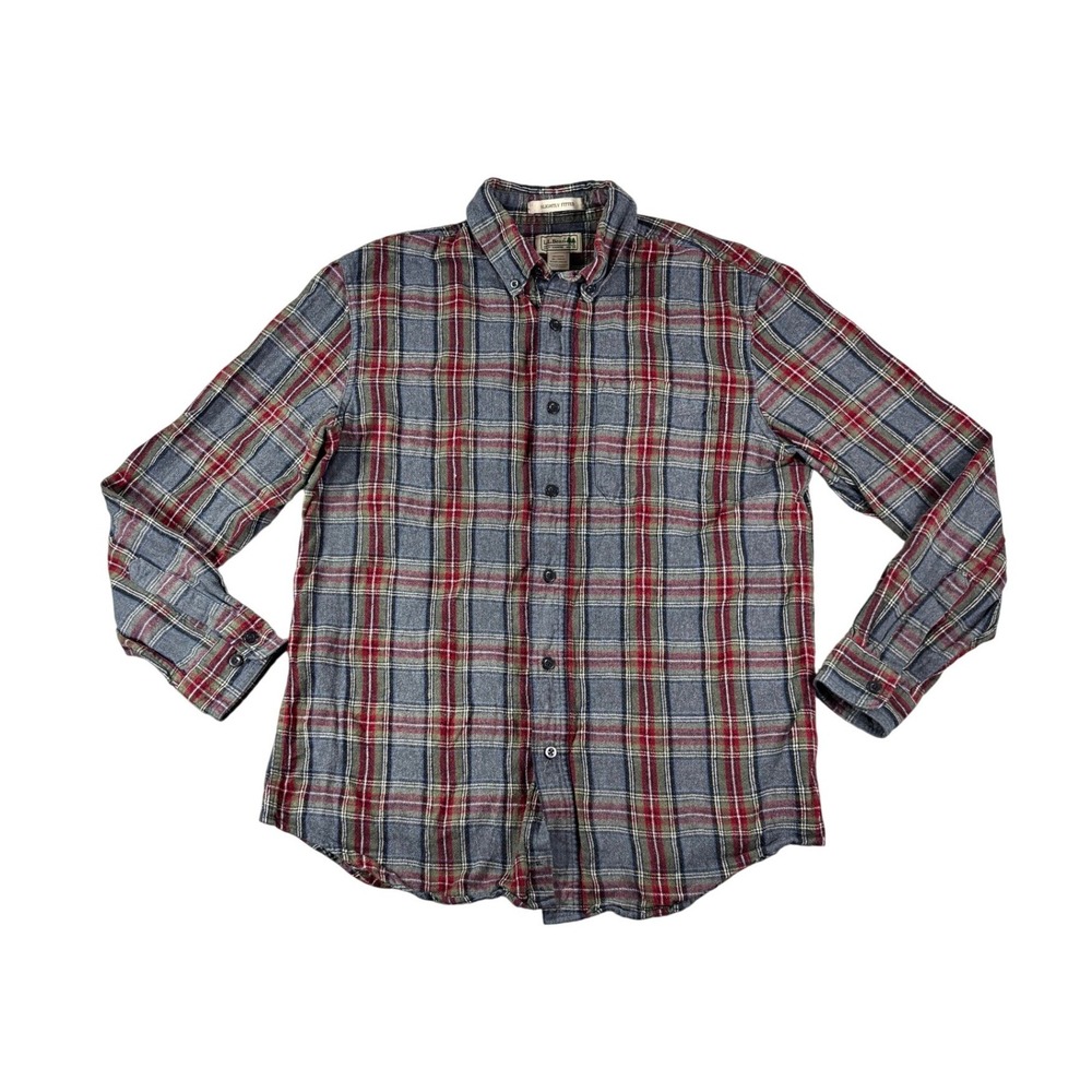 LL Bean Mens Flannel Shirt Medium Regular Slightly Fitted Plaid Red Grey 298167